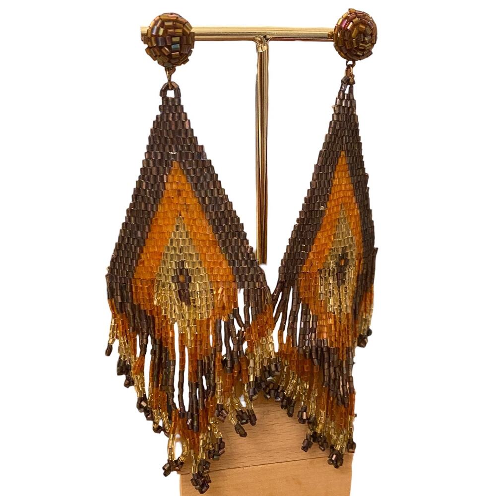 Tribal Oversized Seed Beaded Earrings Posts Chevron Color Black Pattern Fringe